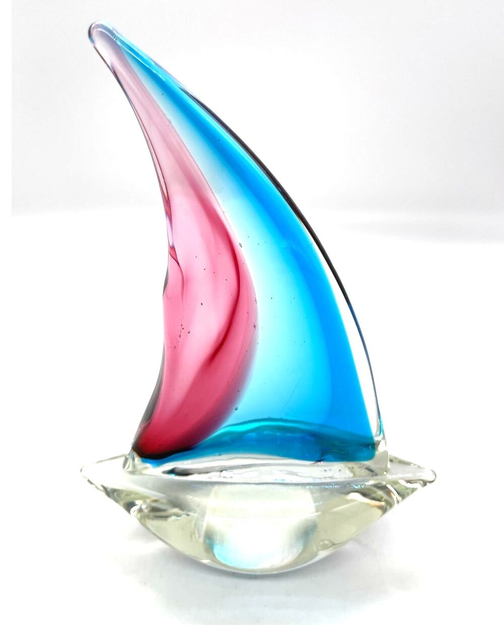 Art Glass Sailboat Blue Red & Clear Nautical Ocean Paperweight 7.5"